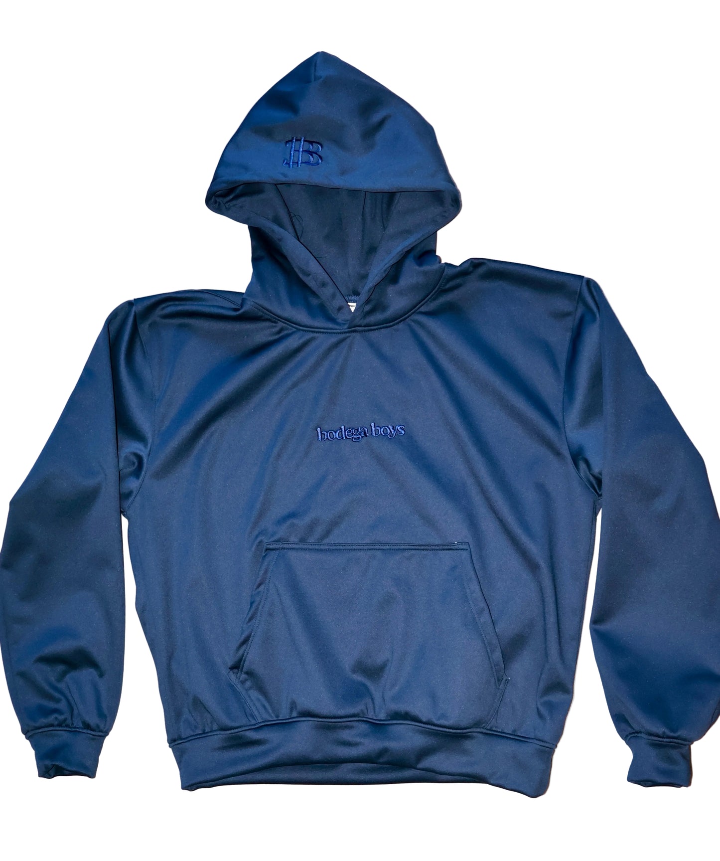 Blue hoodie with branding on a light gray background